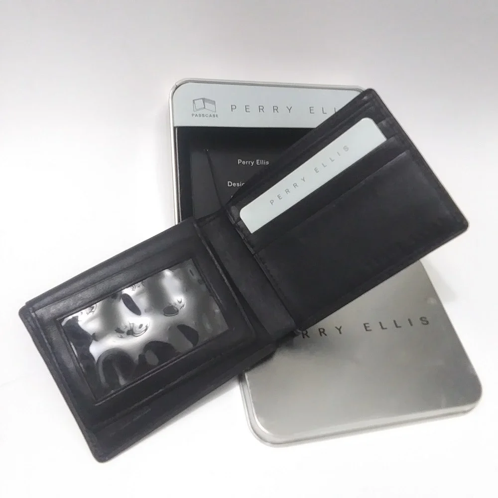 Perry Ellis Mens Black Leather Bifold Passcase Wallet with‎ Metal Gift Tin